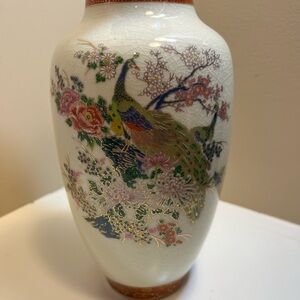 Vintage Japanese Satsuma Style Floral Peacock Ceramic Vase